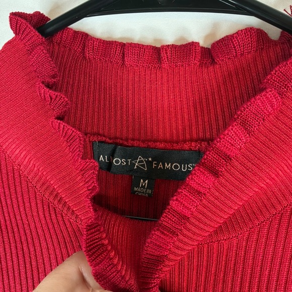 Almost Famous Red Ribbed Bodycon Puff Sleeve Sheer Floral Dress Size M - Picture 4 of 8